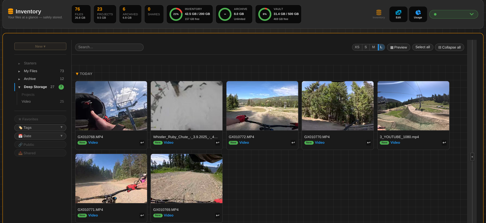 A season of ride footage stored in Deep Storage, with the storage meters above it
