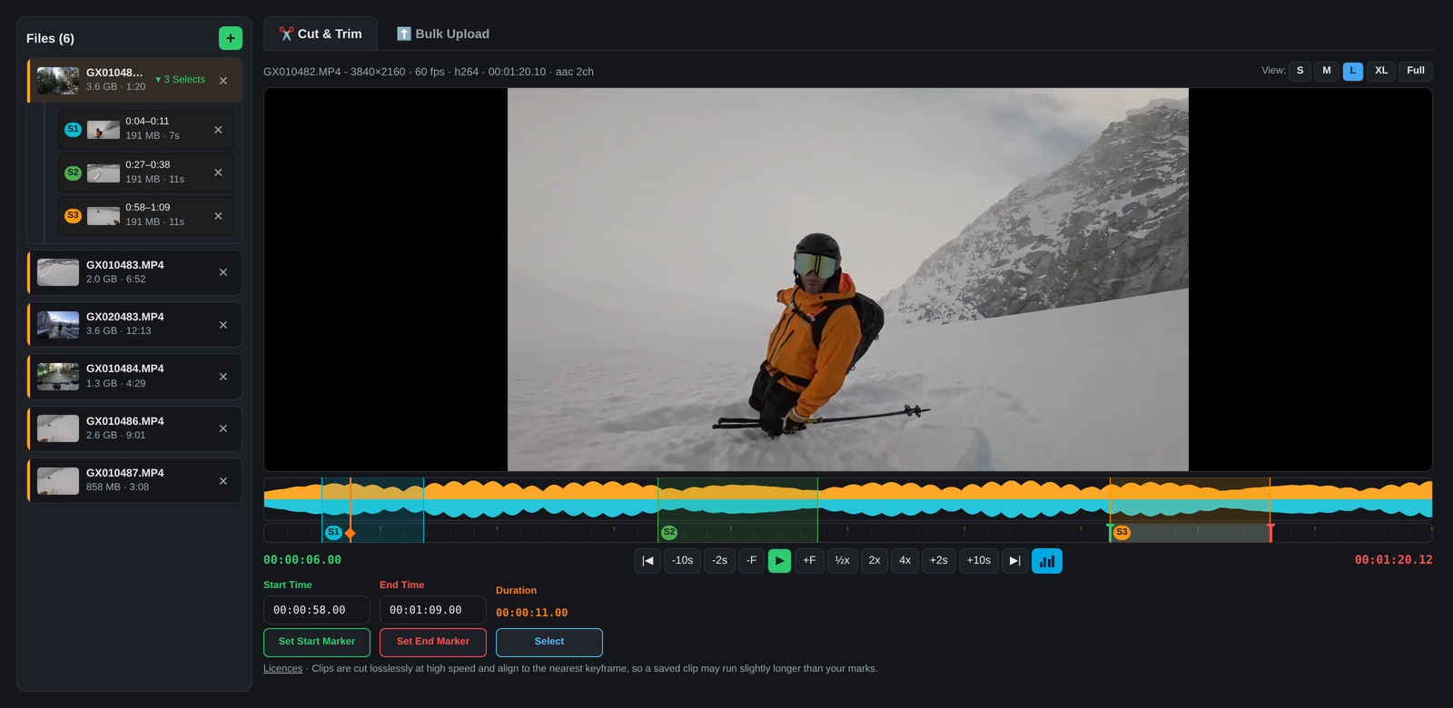 The offline uploader trimming a day of action camera footage before upload