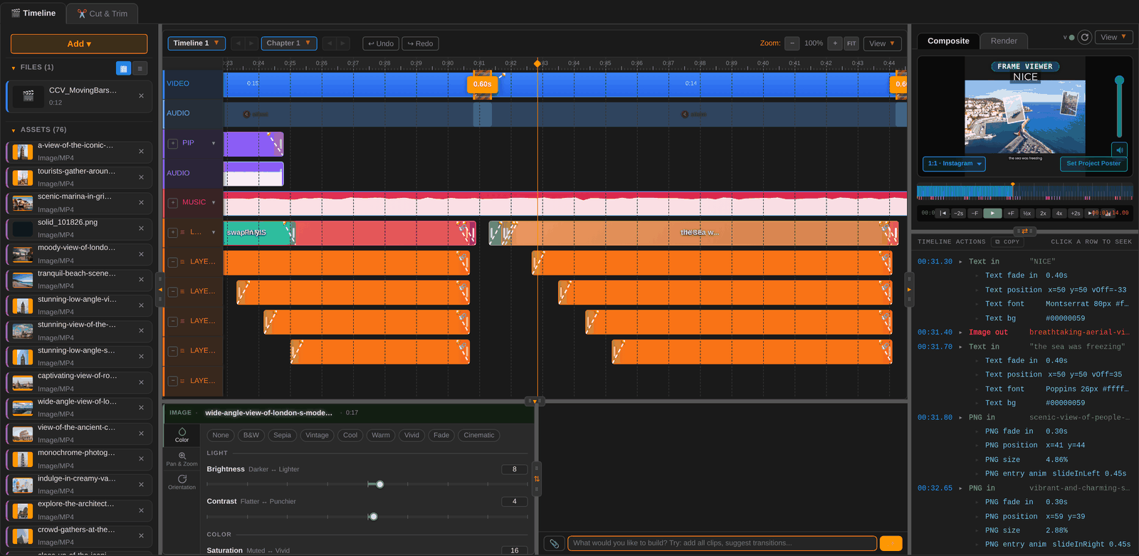 The 99 North Media editor — a multi-track timeline of video, audio, music, text and image layers beside a live composite preview